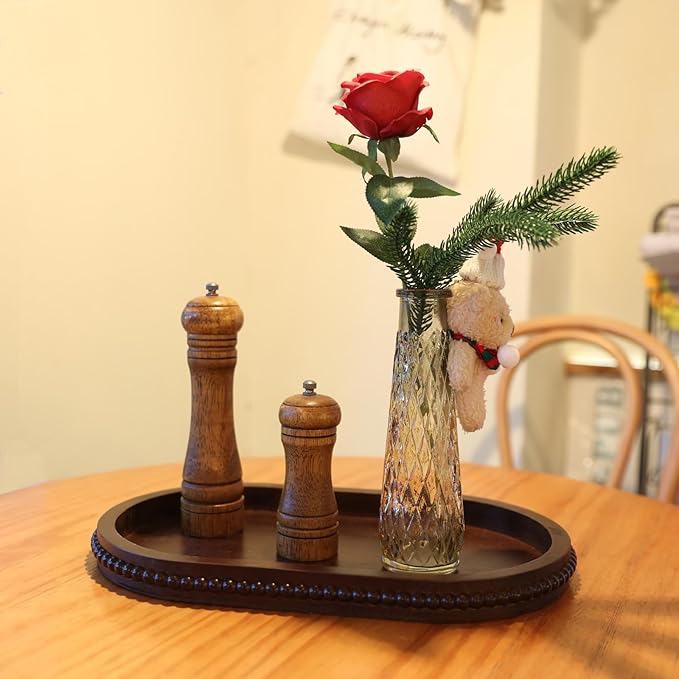 Hrastany Oval Wood Decorative Tray with Wooden Beads, Vintage Serving Platter Tray for Ottoman, Coffee Table, Entertaining, Kitchen Counter Organizer, Home Decor (Retro Brown)