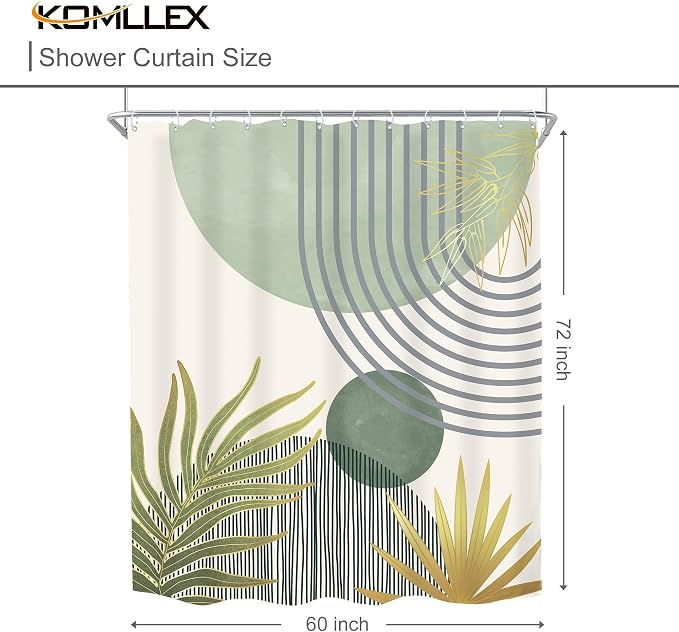 KOMLLEX Mid Century Mint Green Boho Shower Curtain 60Wx72L Inches Abstract Modern Shower Curtains for Bathroom Decor Plant Botanical Minimalist Arch Sun Fabric Liner Waterproof Polyester 12 Pack Hooks