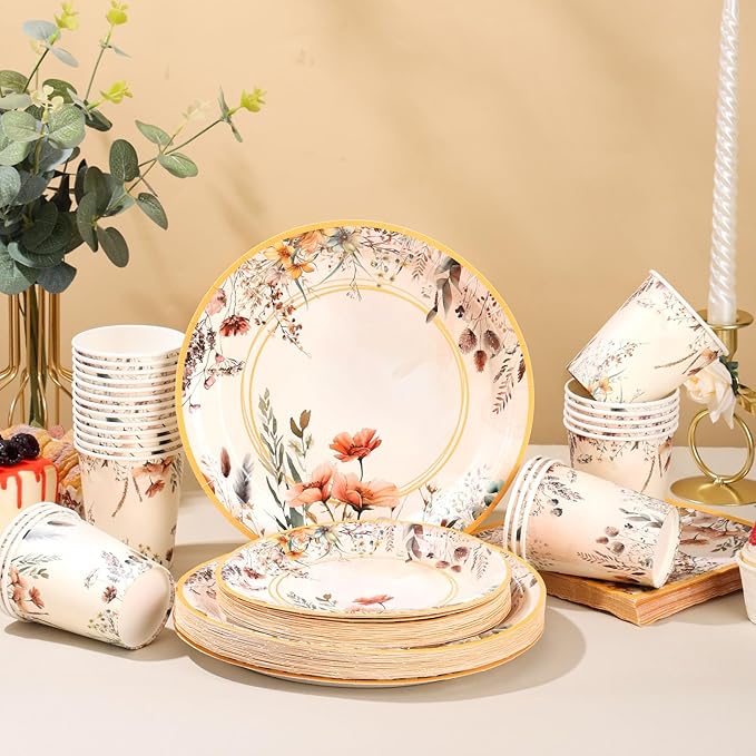 Spring Wildflower Party Decorations,Wildflower Birthday Decorations,Floral Paper Plates and Napkins Sets- Plates,Cups,Napkins,Cutlery for Baby Shower Birthday Bridal Shower Decorations,Serves 24