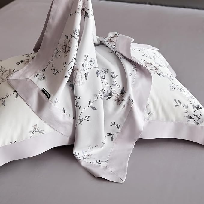 VM VOUGEMARKET Lilac Flower Duvet Cover Queen Silk-Like Smooth & Cool Eucalyptus Lyocell Duvet Cover with 2 Pillow Shams,Moisture Wicking Cooling Bedding Set for Summer-Queen,Purplish Grey