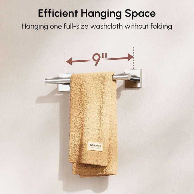 USHOWER Polished Chrome Hand Towel Bar, 9 Inch Towel Racks for Bathroom Wall Mounted, 304 Stainless Steel Towel Holder with Square Base, Modern Home Decor (Total Length 11 Inch)