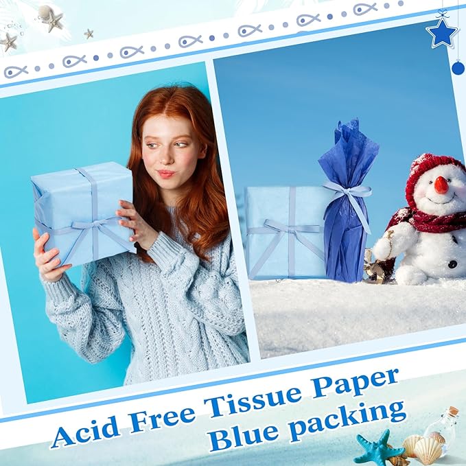 Qilery 500 Sheets Blue Tissue Paper Bulk for Gift Bags 15 x 20 Inch Acid Free Packaging and Wrapping Paper Sheets for Winter Hanukkah Decoration DIY Crafts, Bouquet, Wedding Birthday Party, Packing