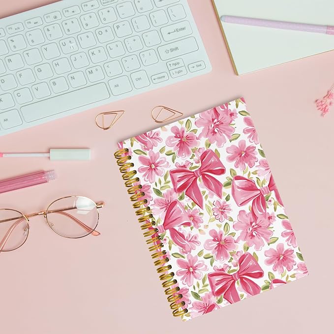 JKMBN Coquette Pink Bow Floral Spiral Notebook For Women, Maximalist Journaling Notebooks, Cute Pink Notebook Journal, Pink Office Supplies, Hardcover Spiral Lined Notebook 5.5 x 8.3