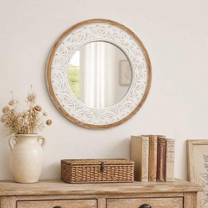 H HOMEWINS Rustic Round Mirror, 24" Wooden Circle Farmhouse Wall-Mounted Nature Beads Decor Mirror for Bedroom, Bathroom, Living Room,Vanity