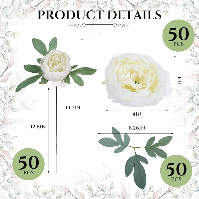 Zeyune 50pcs Artificial Peonies, 4inch White Silk Peony Flowers Heads for Decoration, Wedding, Party, Home Office