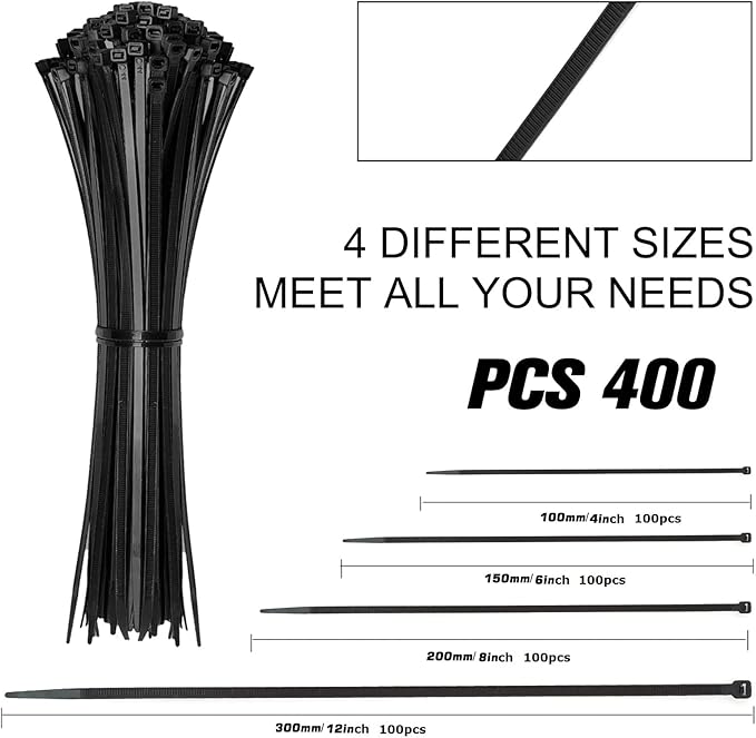 Cable Zip Ties,400 Pack Black Assorted Sizes 12+8+6+4 Inch,Multi-Purpose Self-Locking Nylon Cable Cord Management,Plastic Wire Ties for Home,Office,Garden,Workshop. By HAVE ME TD