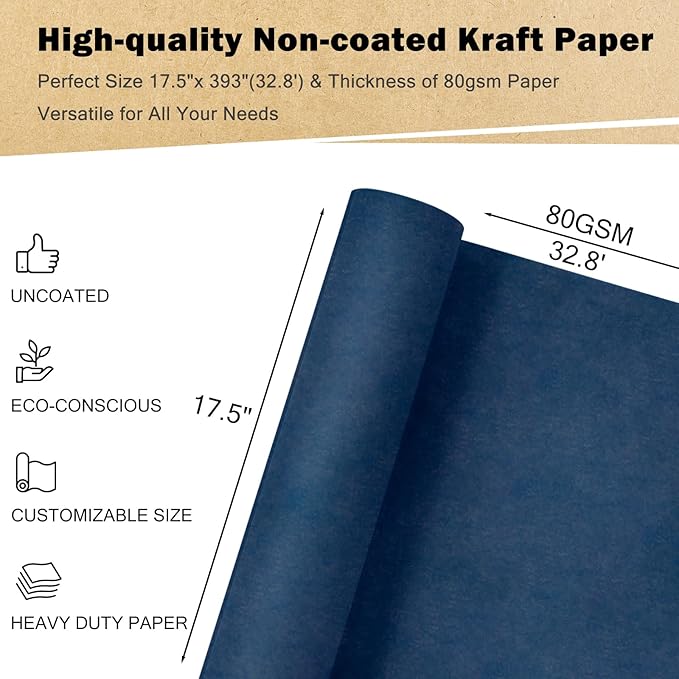 RUSPEPA Navy Blue Kraft Wrapping Paper Roll, 17.5"x 393"(32.8'), Recyclable Blue Art Gift Wrap Paper for Birthday Gift Wrapping, Table Covering, DIY Crafting, Fathers Day Bouquet Flower, 80GSM