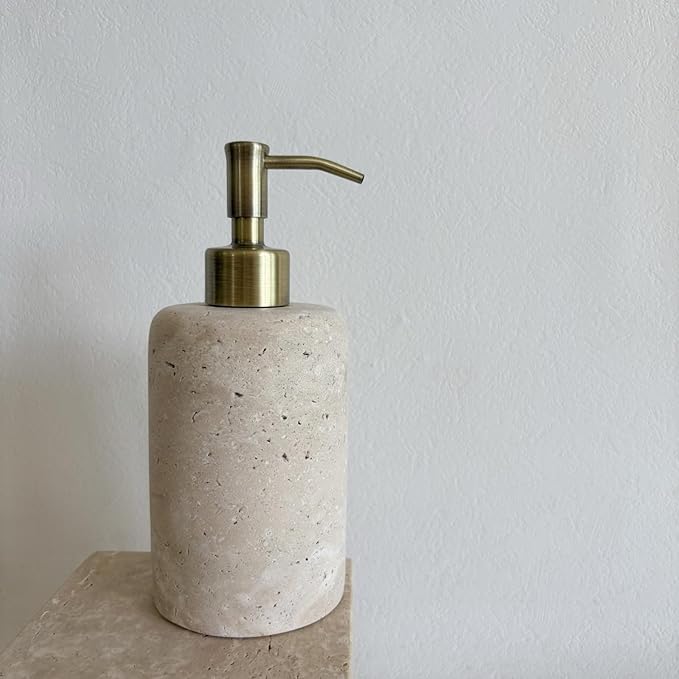Natural Marble Vintage Stone Refillable Bathroom Liquid Dispenser 165ml Lotions Soap Container Stainless Steel Pump Head (Beige Travertine)