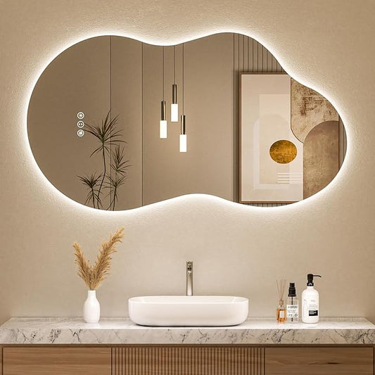 Irregular Cloud Backlit Bathroom Mirror 40x24 Inch, LED Vanity Mirror with Lights Anti-Fog, Dimmable 3 Colors, 4mm Tempered Glass, Horizontal/Vertical Wall Mount for Bathroom or Makeup Area