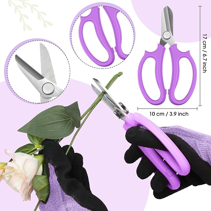 WILLBOND Floral Arrangement Kit, Christmas Rose Thorn Stripper Tool Garden Pruning Shears Scissors Rose Thorn Remover Pruner Trimmer Gloves Tapes Florist Garden Tool Gift Kit for Women(Purple)