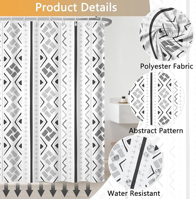 Boho Geometric Grey Shower Curtain, Modern Abstract Vertical Striped Shower Curtains for Bathroom with Hooks, Hotel Style Waterproof Fabric Shower Curtain Set, Weighted Hem, 72x72 Inches