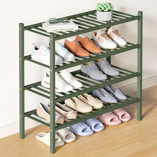 Smiry Bamboo Shoe Rack for Closet, 4 Tier Wooden Stackable Shoe Organizer, Free Standing Shoes Storage Shelf for Entryway, Front Door Entrance, Green