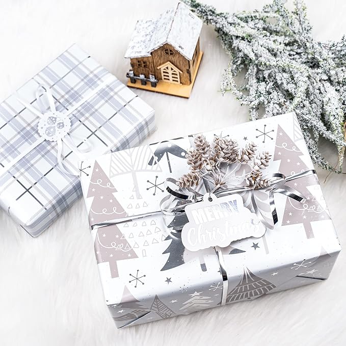 LeZakaa Christmas Wrapping Paper Bundle - Mini Roll with Bow, Ribbon, Sticker and Gift Tag -Silver Metallic Foil Design with Tree/Snowflake/Plaid Print- 17 x 120 inches -3 Rolls(42.5 sq.ft.ttl.)