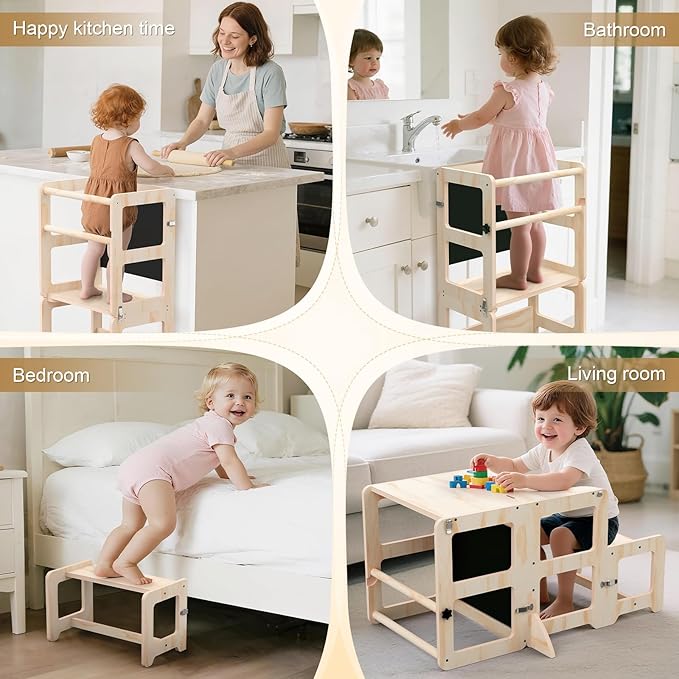 Toddler Kitchen Step Stool, 4-in-1 Foldable Standing Tower with Blackboard, Toddler Step Stool for Bathroom Sink, Kitchen Counter, Ages 18 Months to 4 Years