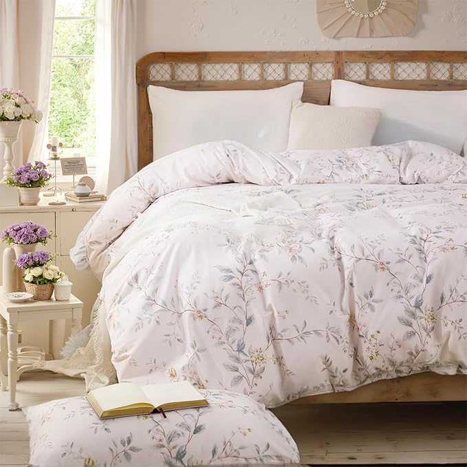 Duvet Cover Set King Size 3-PC Chic Garden Floral Ultra Soft 100% Long Staple Cotton Comforter Cover, Reversible Breathable Duvet Cover with Zipper Closure, Lightweight, All Season
