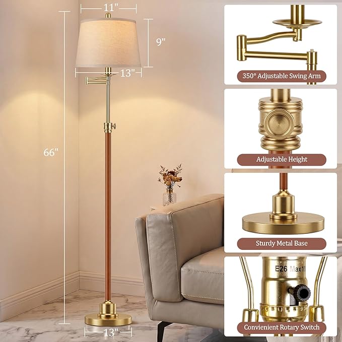 Vintage Floor Lamp for living room, Walnut Gold Farmhouse Standing Lamp with 350° Swivel Swing Arm, 56.6''-66'' Mid Century Modern Height Adjustable Tall Lamp for Bedroom Office(LED Bulb Included)