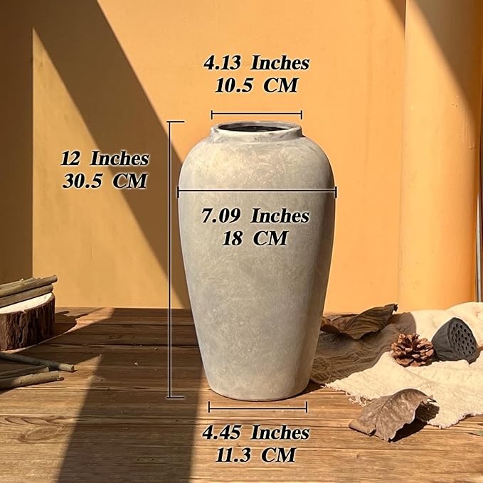 12 Inch Ceramic Rustic Vase, White Grey Farmhouse Flower Vases for Centerpieces & Home Decor, Handmade Pottery Vase for Living Room, Bedroom & Wedding Decor, Vintage Ceramic Vases for Gifts