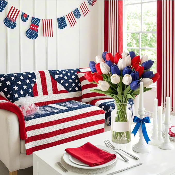 20pcs Artificial Tulips Patriotic Flowers for 4th of July Decor Fake Tulip Independence Day Slik Tulips Memorial Day Table Centerpiece Decor(Red White and Blue Flowers)