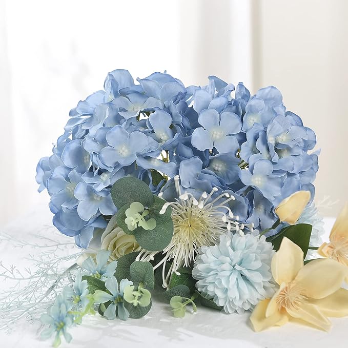 10PCS Artificial Hydrangea Flowers, Fake Hydrangea Silk Flowers Heads with Stems for Wedding Home Party Shop Baby Shower Decoration-Light Blue