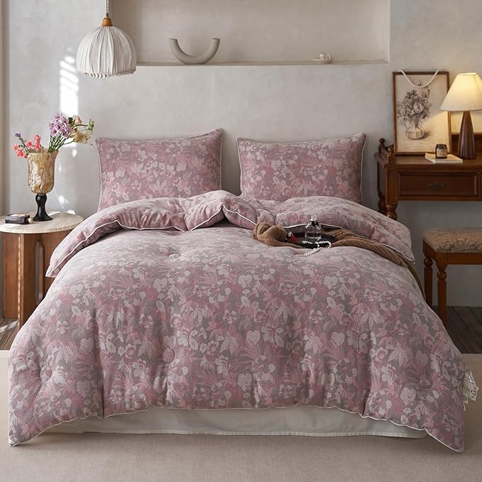 HighBuy Pink Floral King Size Comforter Set Muslin Cotton Soft Luxury Boho King Comforter Jacquard Print Breathable Lightweight Fluffy Bedding Sets with 1 Comforter and 2 Pillow Shams