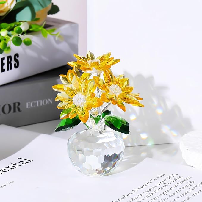 YWHL Handmade Yellow Crystal Flower Figurine with Base, Beautiful Glass Flower Gifts for Women, Flower Collectible Figurines Decoration for Christmas, Valentine's Day, Wedding (Yellow)