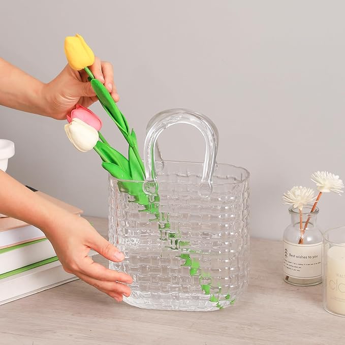 Glass Purse Vase, Purse Vase for Flowers, Unique Purse Flower Vase, Large Glass Bag Vases, 10 Inch Handbag Shaped Vases for Home, Living Room, Bedroom, Table, Office Decor