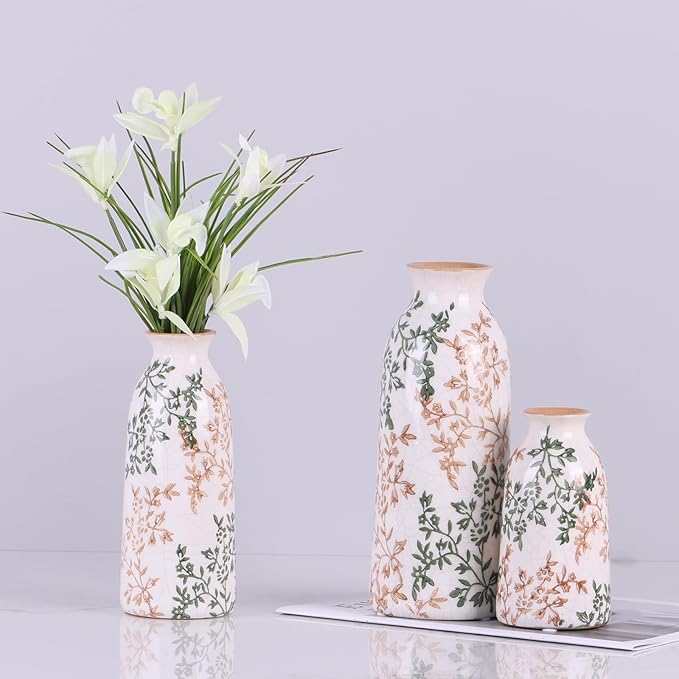 Ceramic Vase Set of 3, Vintage Green and Beige Vases Set, Flower Rustic Chinoiserie Vases Floral Grand Millennial Farmhouse Decor Vase (Green and Beige-Set of 3)