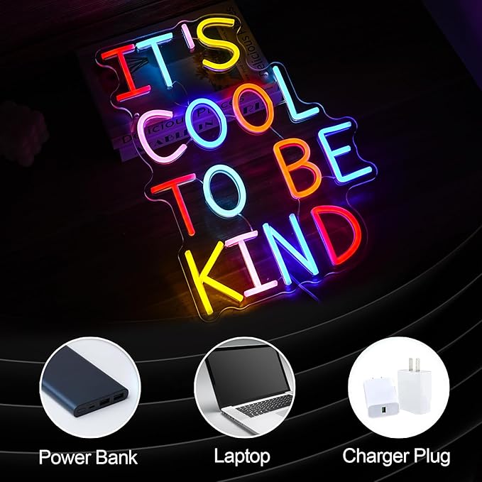 It's Cool To Be Kind Neon Sign Student Led Neon Light Powered by USB for Wall Decor Dimmable Be Kind Neon Light Sign for Classroom Bedroom Office Club Shop Bar School (Multicolored)