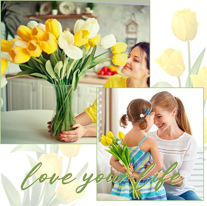 Janinka 100pcs Artificial Tulip Flowers Fake PU Tulips Faux Latex Bouquet Flower Centerpieces Arrangement Floral for Mother Day Wedding Spring Decorations (Yellow)