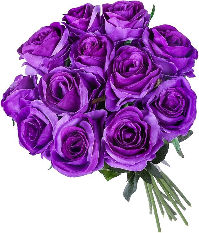 Kisflower 12Pcs Roses Artificial Flowers Purple Flowers Realistic Single Stem Flowers Silk Rose Bouquet for Wedding Party Office Home Decor (Purple)