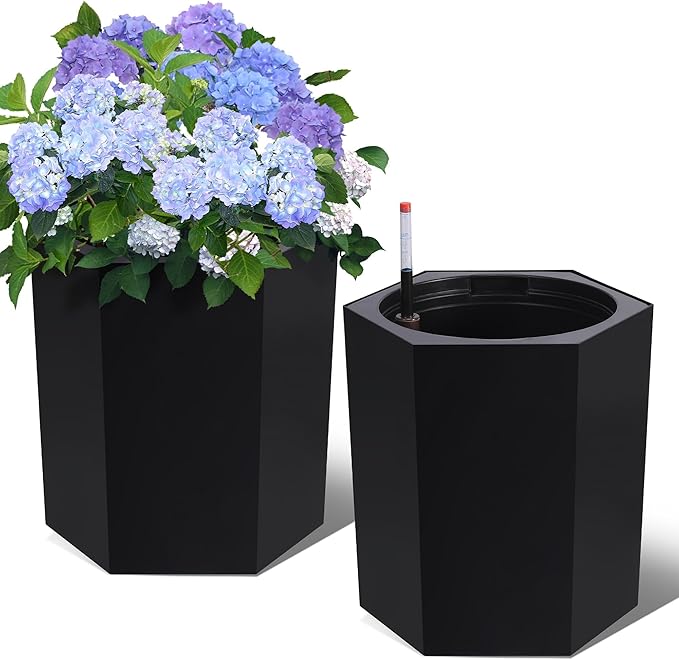 16in Flower Pot Set of 2, Self Watering Planters for Indoor Plants with Water Level Monitoring, Bottom Wheels and Water Outlet for Garden Plant Pots, Patio, Balcony, Lounge, Front Porch Decor