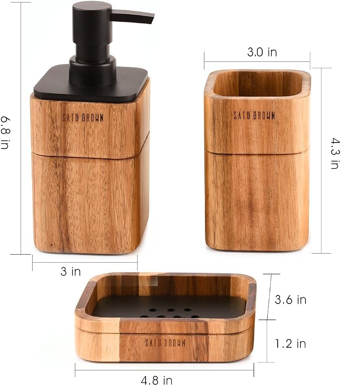 Bathroom Accessory Set Acacia Wood 3 Pieces Includes Bathroom Soap Dispenser, Bathroom Tumbler, Soap Dish Accessories for Bathroom Decor and House Warming Gift