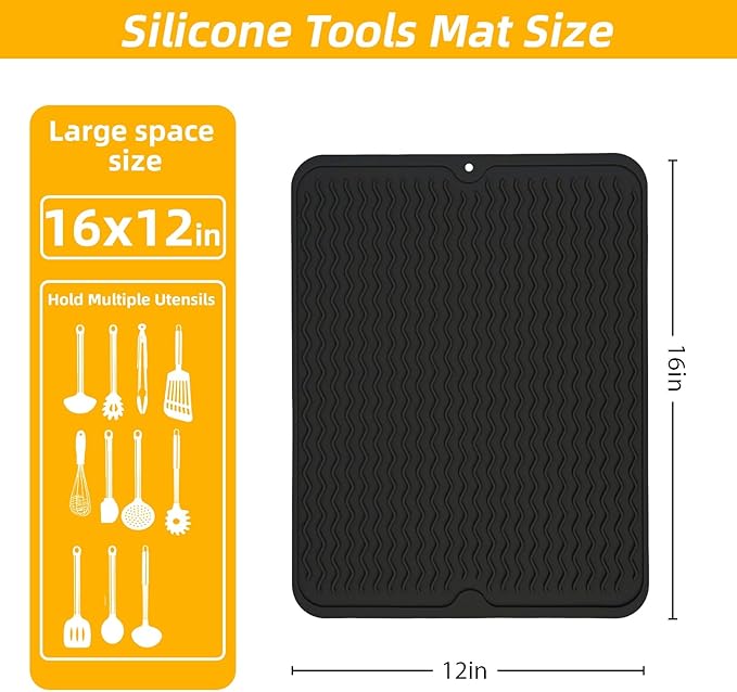 Geban Grill Accessories, 16x12 Inch Silicone Heat Resistant Mat, BBQ Tool Rest Pad for Blackstone Griddle Side Shelf, Weber, Traeger, Outdoor Kitchen Countertop Protector (Black)