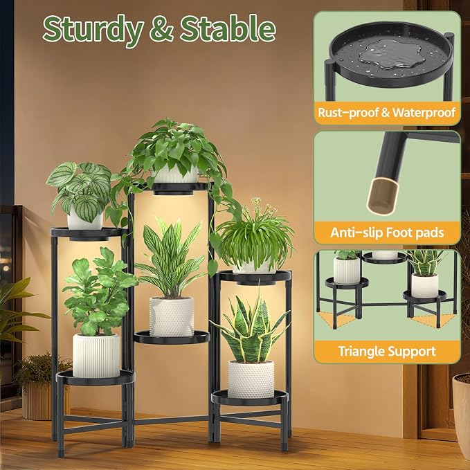 LASZOLA 6 Tier Large Plant Stand Indoor Tall with Grow Lights, Corner Folding Flower Display Rack with 10 Inch Metal Tray, Modern Plant Holder Shelf for Outdoor Patio Porch Garden Living Room, Black