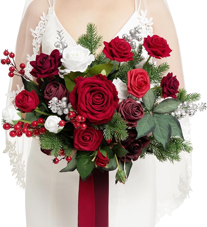 Ling's moment Christmas Red Wedding Bouquets for Bride, Xmas Winter Bridal Bouquets for Bride,13 Inch Free Form Artificial Wedding Flower Bouquet