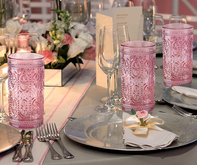 Darlion 6 Pack Pink Glassware Drinking, 12oz Highball Embossed Beverage Glass Cup, Vintage Drinking Glasses, Colored Water Glasses for Party Wedding Home Office and Gift
