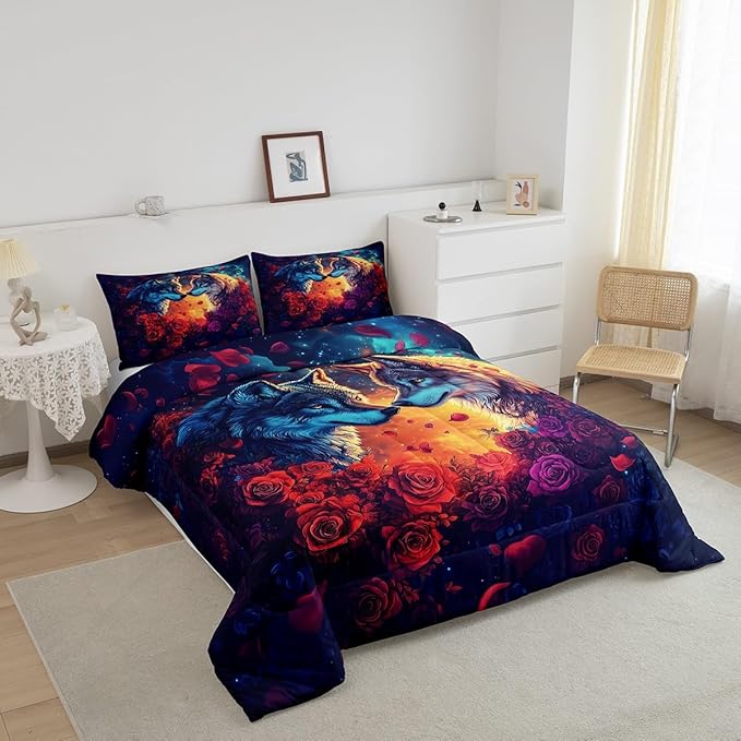 Wolf Comforter Set King Size,Wild Animal Print Couple Theme Reversible Bedding Set All Season Quilt Set,Romantic Red Rose Flowers Watercolor Galaxy Microfiber Polyester Down Comforter