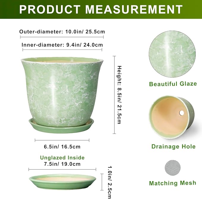 Ceramic Pots for Plants - 10 Inch Plant Pot for Indoor Outdoor, Round Planter with Drainage Hole and Saucer, Decorative Plant Pots, Modern Flower Pot, Home Porch Decor, Garden Gifts, Green
