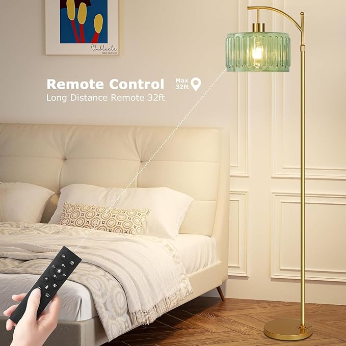 QIYIZM Glass Floor Lamp for Living Room,Bedroom,Gold Dimmable Standing Lamp with Remote,Mid Century Modern Brass Tall Lamp Boho Vintage Retro Floor Lamps Arc Green Flower Floor Light Lamp Bohemian