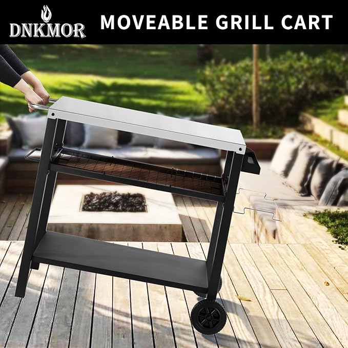 DNKMOR Dining Cart Table with Three Shelf, Movable Outdoor BBQ Grill Table Pizza Oven Stand with Three Hooks, Kitchen Cart Island Multifunctional Food Prep Table for Inside and Outside (Sliver)