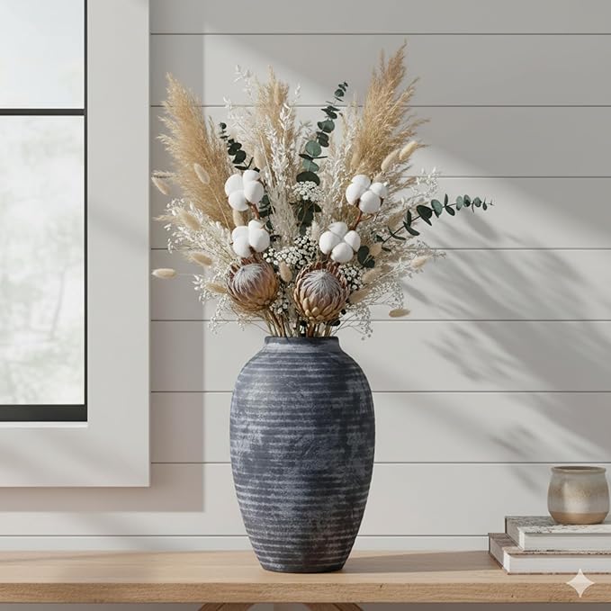 Farmhouse Rustic Ceramic Vase, 10.6 inch Gray-White Textured Modern Weathered Pottery Terracotta Vintage Vases for Home Decor Enterway Coffee Table Mantel Shelf Decorative (Tall - B)
