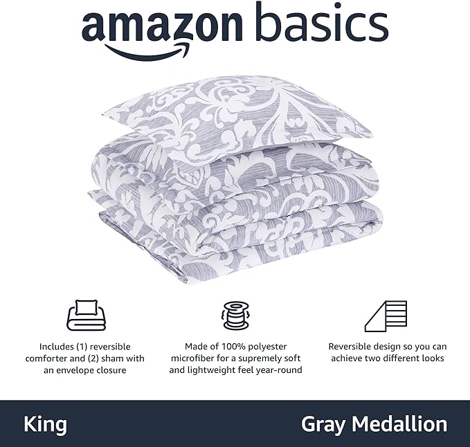 Amazon Basics King Size Comforter Sets, Ultra-Soft Lightweight Microfiber Reversible 3-Piece Bedding, Gray Medallion