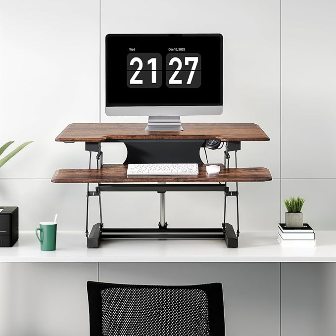 32" Electric Standing Desk Converter, Dyropcurv Series Height Adjustable Computer Desk Ergonomic Home Office Desk for Adults, Sit to Stand Desk with Quiet Motor, Vintage Brown