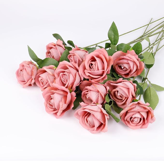 12 Pcs Artificial Rose Flowers, Silk Roses with Long Stems, Realistic Fake Roses for Wedding Centerpiece Party Home and Office DIY Decor, Cappuccino