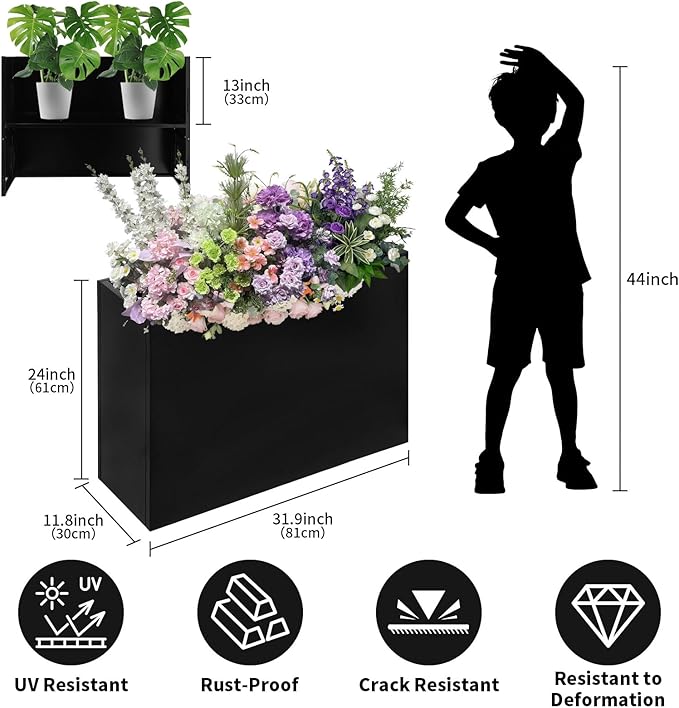 Tall Rectangle Planter 32 L x 12" W x 24" H Black Metal Large Planter Boxes Outdoor Pots,Flowers Pot Garden Porch Patio Privacy