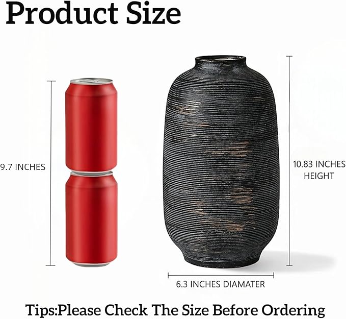 Black & Tall Ceramic Rustic Vase, 10.8 Inch Large Textured Flower Vase, Farmhouse Decorative Floral Pottery for Home Decor Table Living Room Entryway Mantel Bedroom Bathroom Kitchen (Black Bronze)