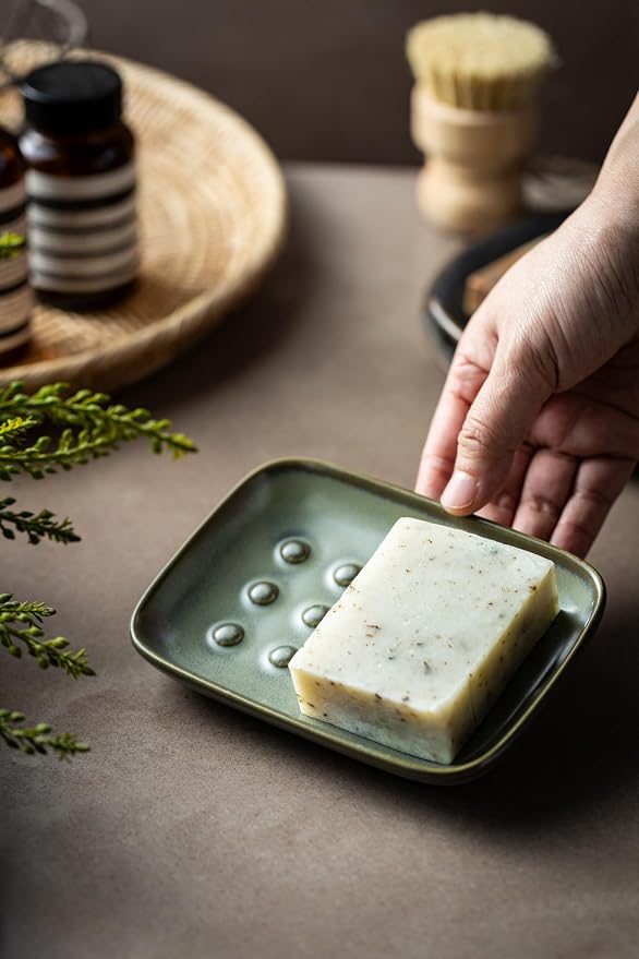Miamolo Ceramic Soap Dish for Shower, Non-Slip Bar Soap Saver Tray Bar for Bathroom Kitchen Sink Bathtub, Easy to Clean, Dishwasher Safe, Raised Pattern - Keep Soap Dry, Dark Green