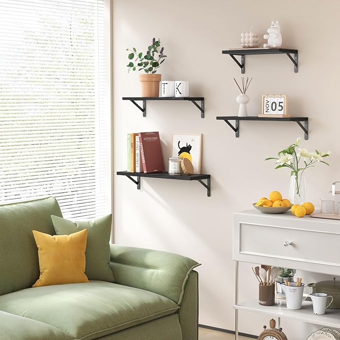 YGEOMER Wall Shelves, Black Floating Shelves Different Sizes for Living Room, Bathroom, Bedroom, Kitchen, Home Decor (Set of 4)