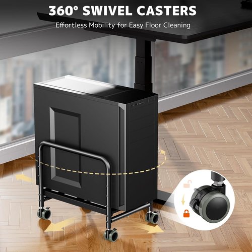 PUTORSEN Computer Tower Stand - Height Adjustable Rolling CPU Holder with 360° Locking Wheels, Black
