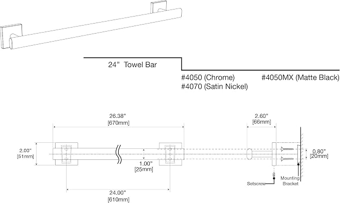 Gatco 4050MX Elevate Bathroom Towel Bar, 24-inch, Matte Black